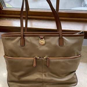 Michael Kors Tan and Brown Structured Tote with Gold-Tone Detail
